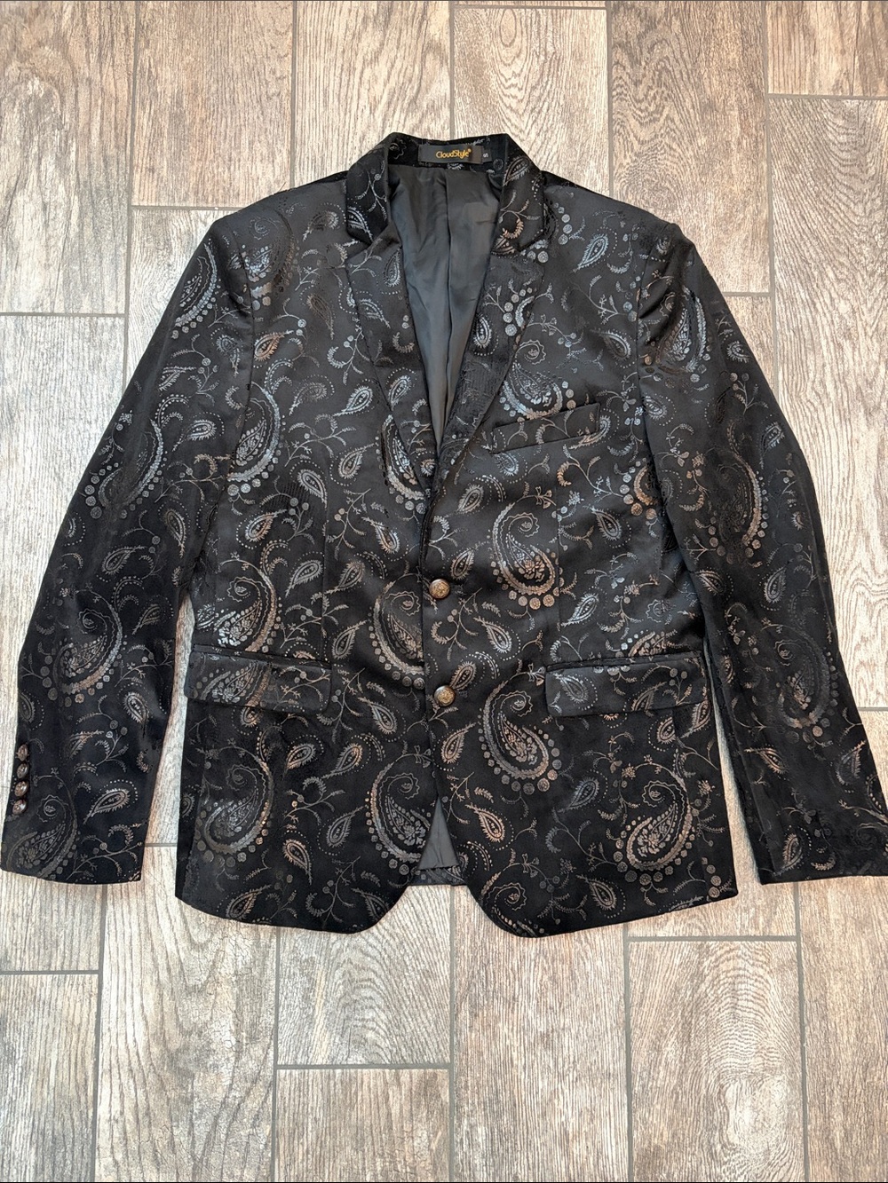 Cloudstyle Men’s Black Velvet Velour Blazer Metallic Embossed Dark Jacket SMALL